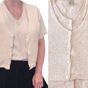 VTG 90s Ivory Short Sleeve Button Down Top With Front Crochet Vest Large